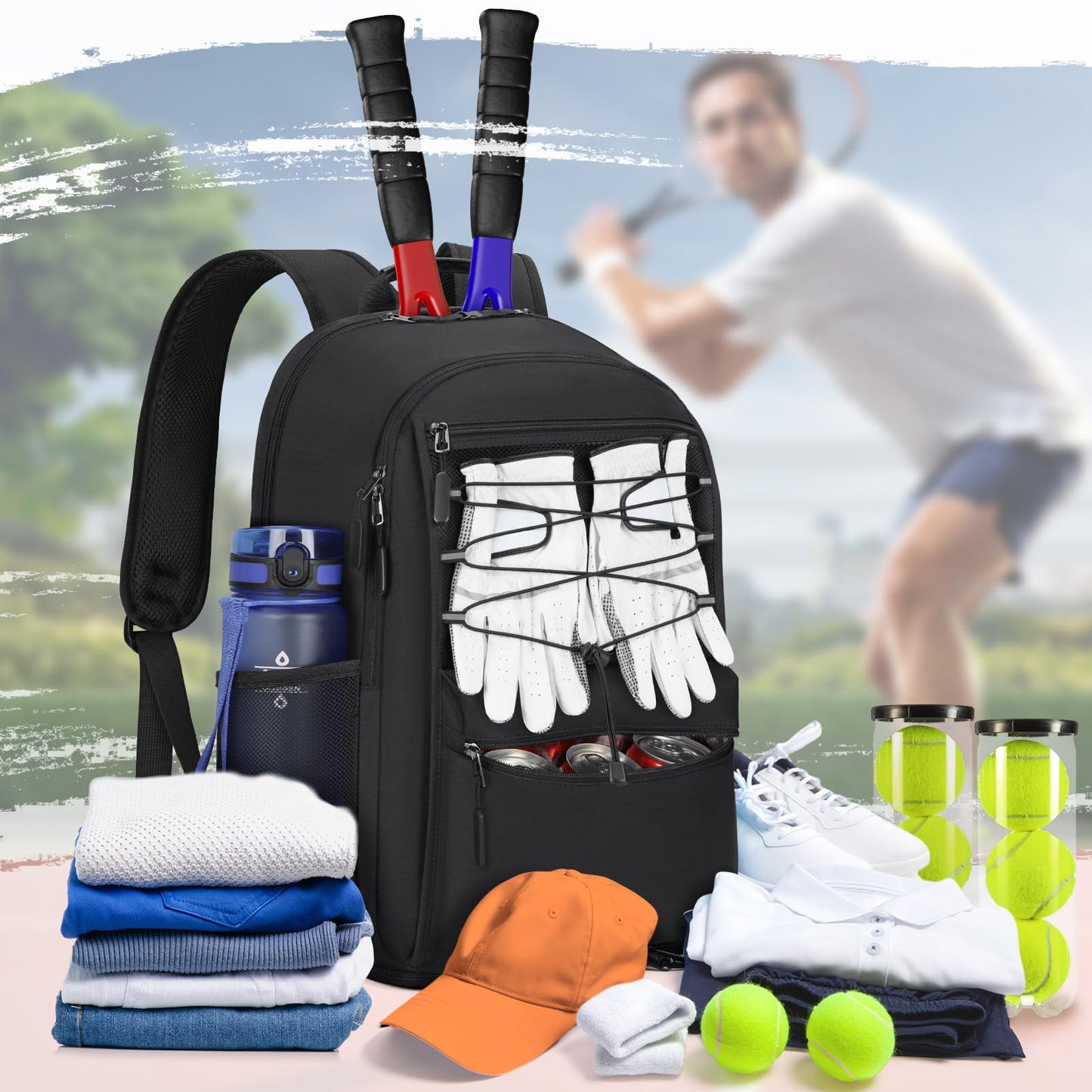 IGOLUMON Tennis Bag Tennis Backpack, Large Tennis Bags for Women and Men Racket Bags Holds 2 Rackets with Insulated Pocket Ventilated Shoe Compartment, for Pickleball, Badminton, Squash,Black