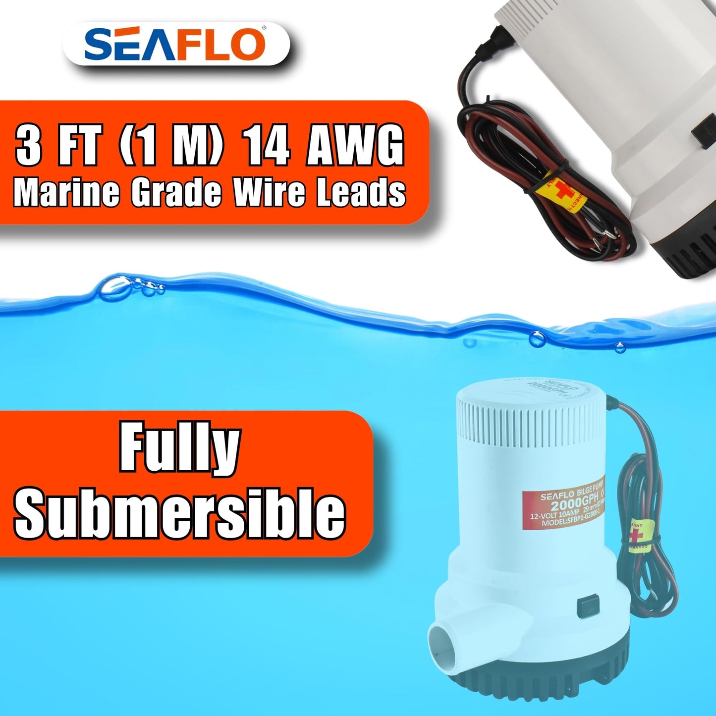 SEAFLO 01 Series 2000 GPH Bilge Pump – 12V, 1-1/8" Outlet, Marine Submersible Pump with Anti-Airlock Protection, CE & Rohs Certified, 4-Year Warranty | Reliable for Boats and Marine Applications