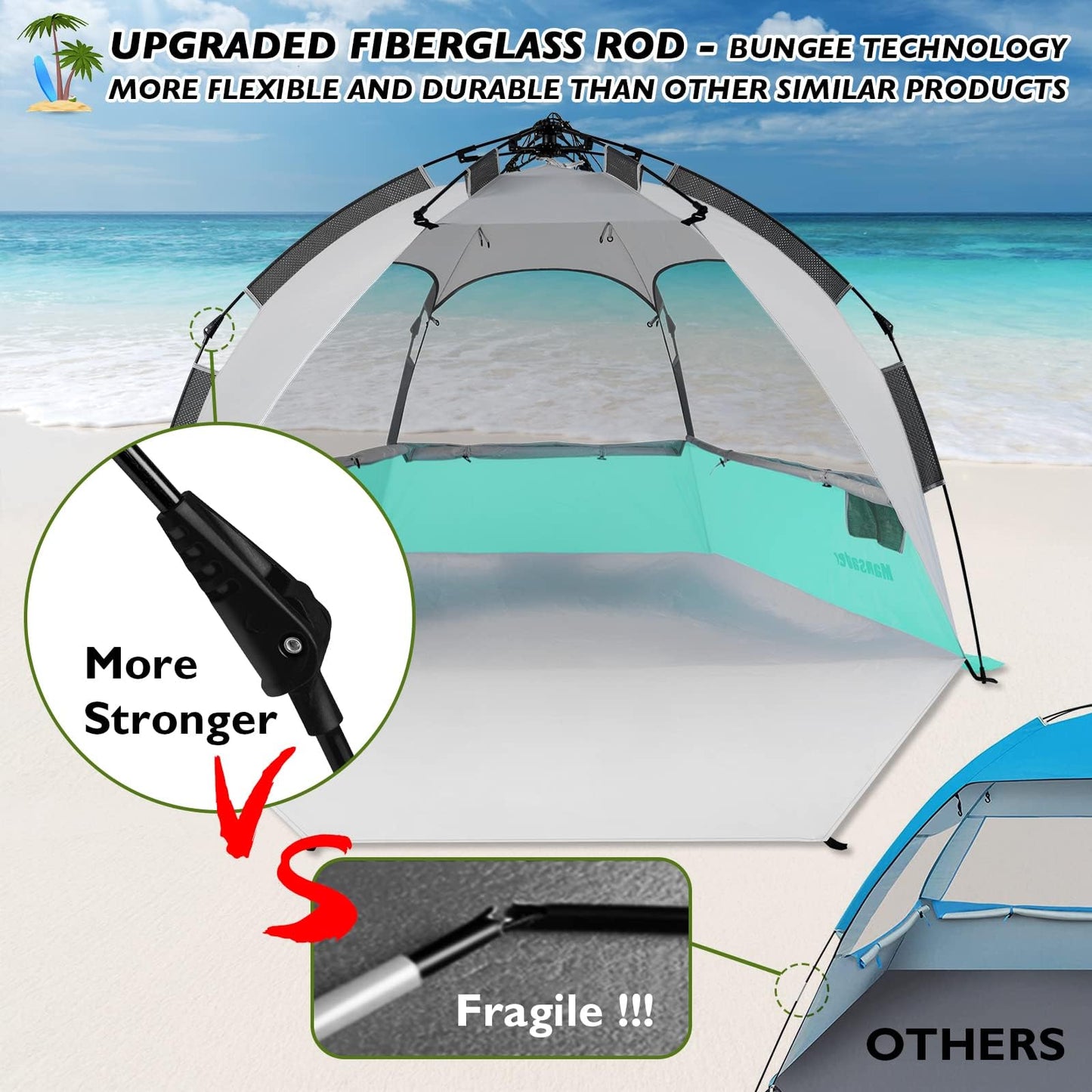 Mansader 2-3 Person Large Instant Pop Up Beach Tent, UV Protection Portable Easy Setup Sun Shade Shelter, Extended Floor with 3 Ventilating Mesh Windows for Outdoor Camping Fishing (Green)