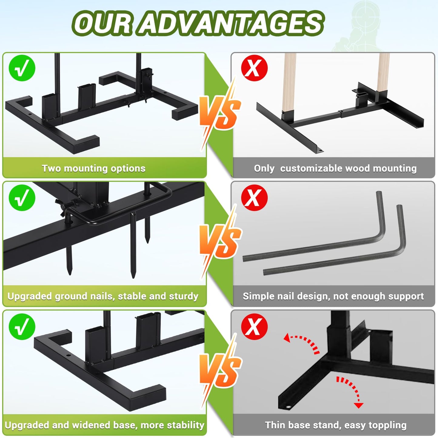 Adjustable Shooting Target Stand Set With 10 Paper Targets, Two Mounting Options for Outdoors, Stable Holder With Metal Poles and Ground Nails (Black)
