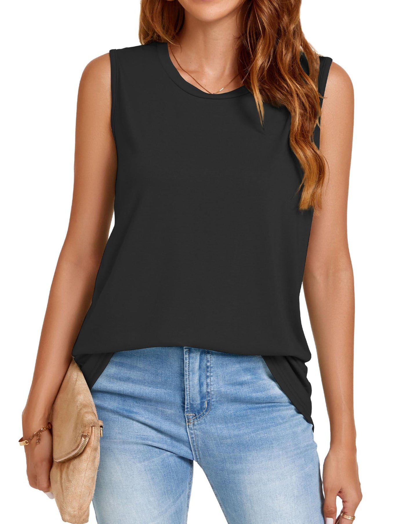 Tank Top for Women Crew Neck Sleeveless Summer Tops Solid Color Casual Loose Fit Dressy Tshirts(Black, M)