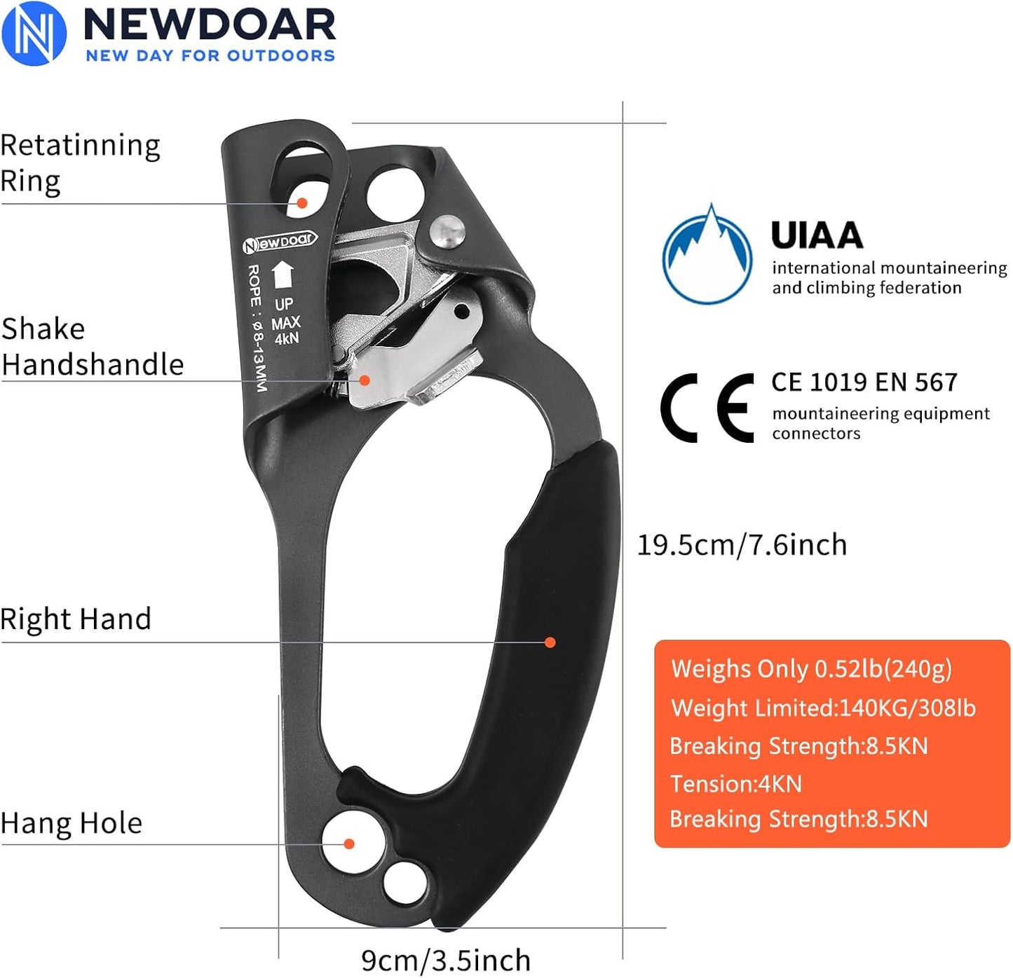 NewDoar UIAA & CE Certified Hand Ascender Rock Climbing Tree Arborist Rappelling Gear Equipment Rope Clamp for 8~13MM Rope