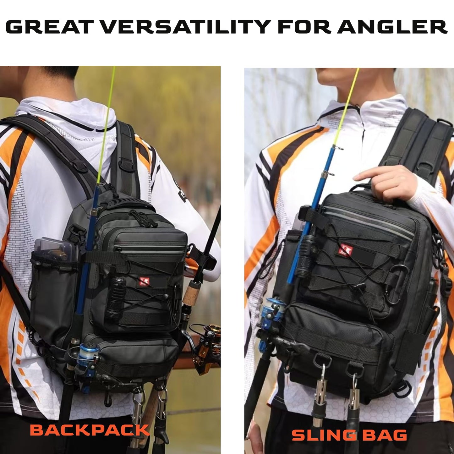 Fishing Backpack Small Tackle Sling Bag - with 2 Rod Holder - Storage Tackle Box, Fishing Gear, Fly Fishing Gifts, Grey, (Only Bag)