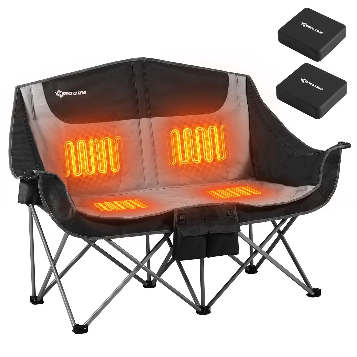 ANTARCTICA GEAR Heated Double Camping Chair, 2-Person Folding Chair with 12V 16000mAh Battery Pack, Heated Portable Loveseat Chair, for Outdoor