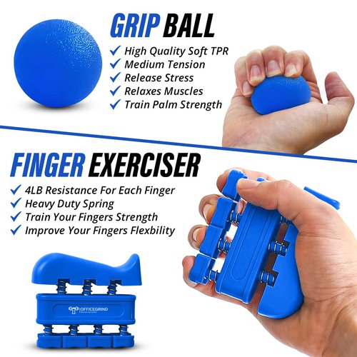 Grip Strength Trainer Kit with Finger Exerciser, Finger Stretcher, Forearm Grip Adjustable Hand Gripper, Exercise Grip Ring and Stress Relief Grip Ball for Athletes Muscle Trainer, Blue