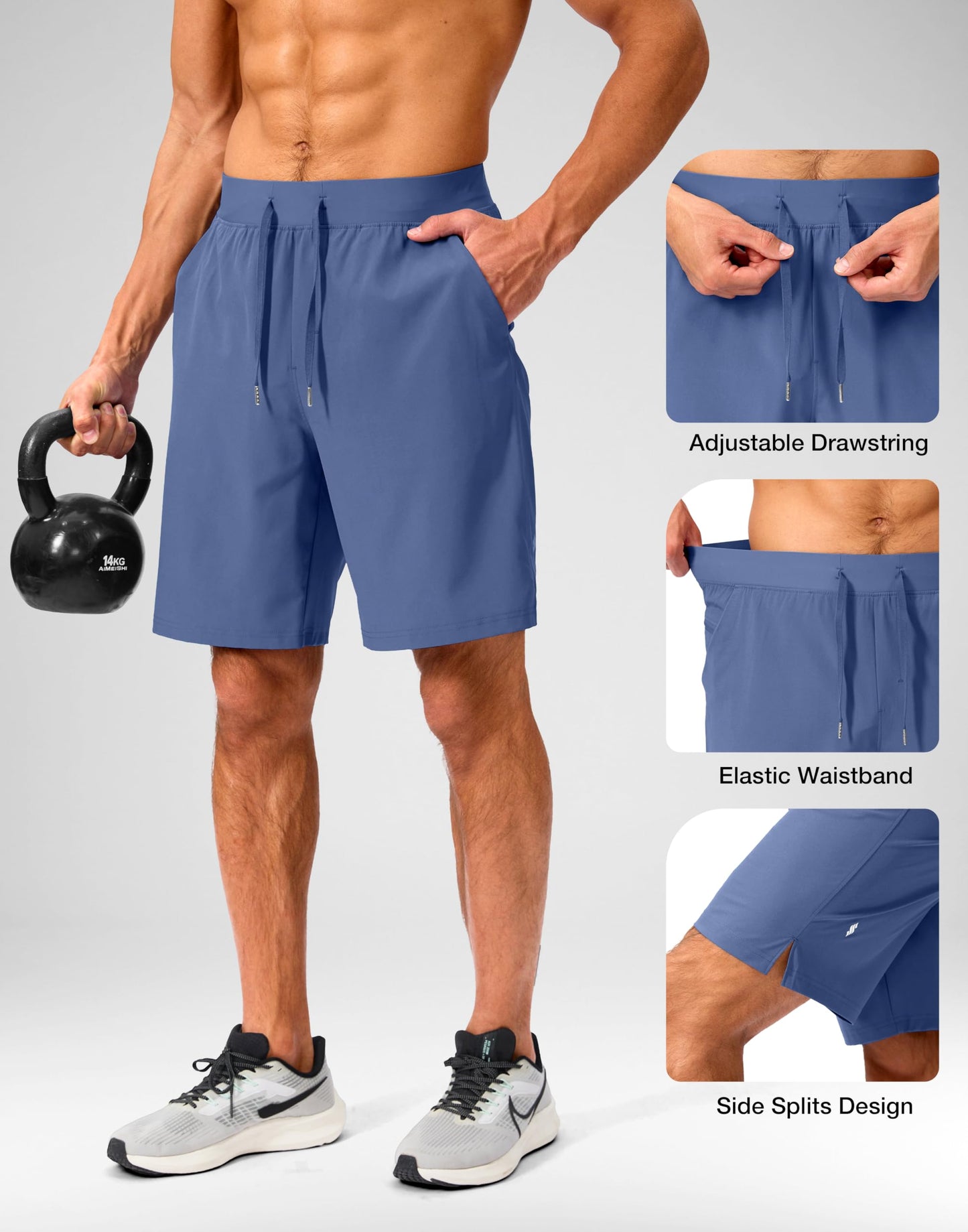 Soothfeel Men's Running Shorts with Zipper Pockets 9 Inch Lightweight Quick Dry Gym Sports Athletic Workout Basketball Shorts for Men (Blue, M)