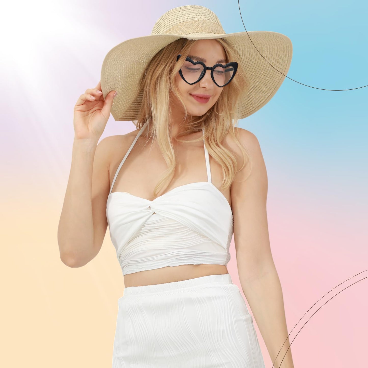 Jeyiour 12 Pcs Women Floppy Summer Hat Wide Brim with Heart Shape Glasses Big Bowknot Straw Hat Sun Hats Heart Sunglasses (Modern Colors)