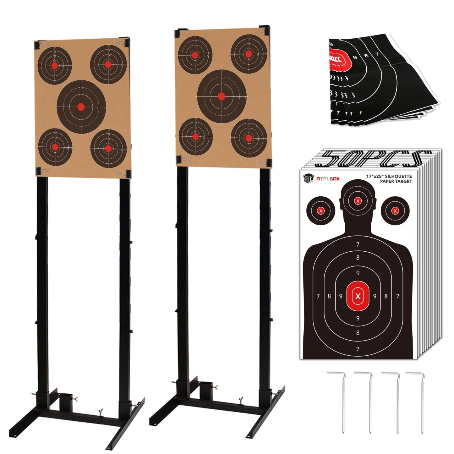 Atflbox 2Pack Shooting Target Stand with 10+50 pcs 17x25 Inch Paper Targets, Durable Paper Target Holder with Stable Adjustable Base