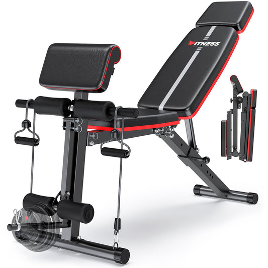 XDDIAS Adjustable Weight Bench, Workout Bench with Leg Extension and Preacher Curl Pad, Weight Bench for Home Gym, Foldable Exercise Bench, Quick Adjustment Incline Bench Press