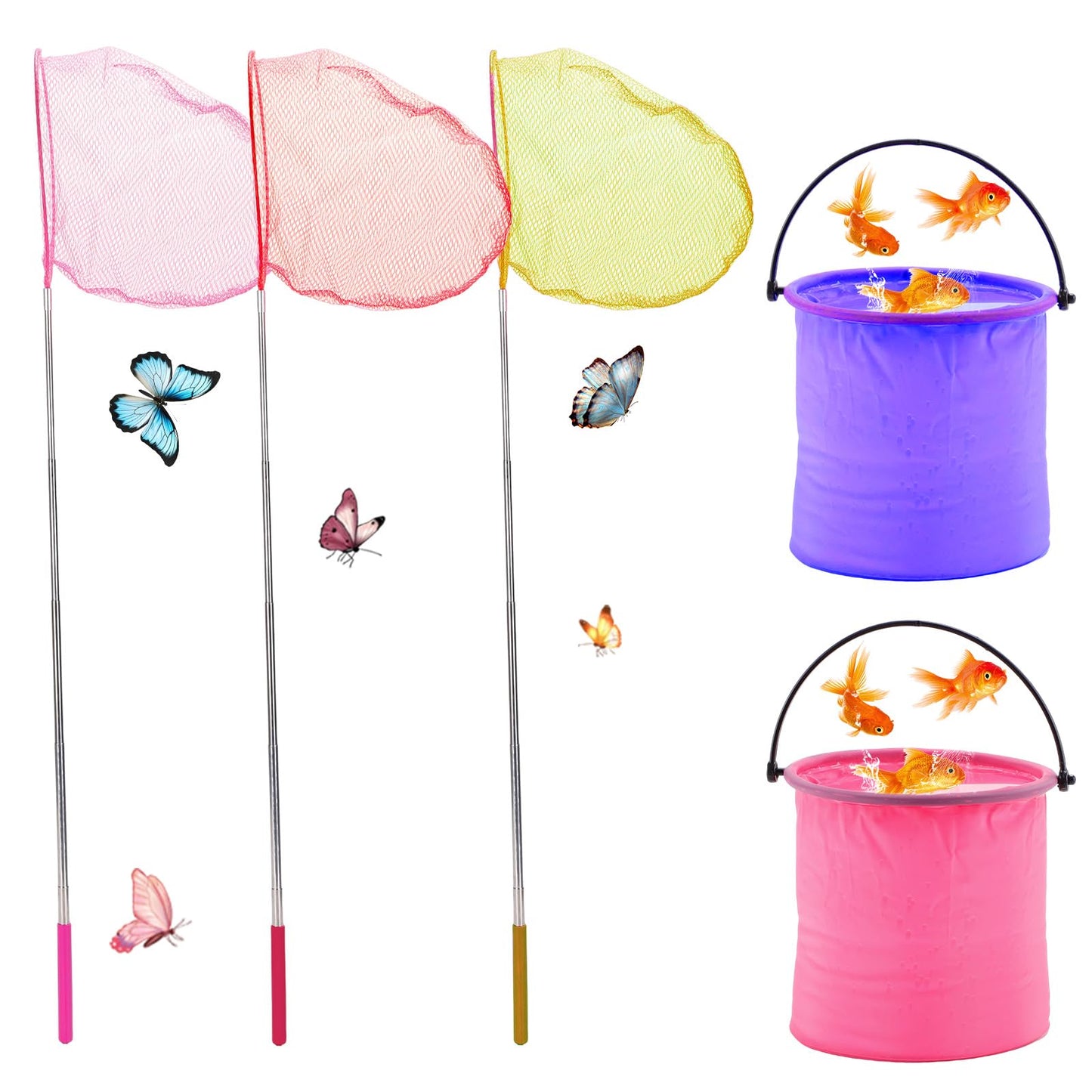 3PCS Kids Fishing Net with Bucket, Telescopic Fishing Net with Handle, Small Fishing Butterfly Net, Kids Fish Butterfly Catching for Catching Insects Fishing, Nature Exploration Toys