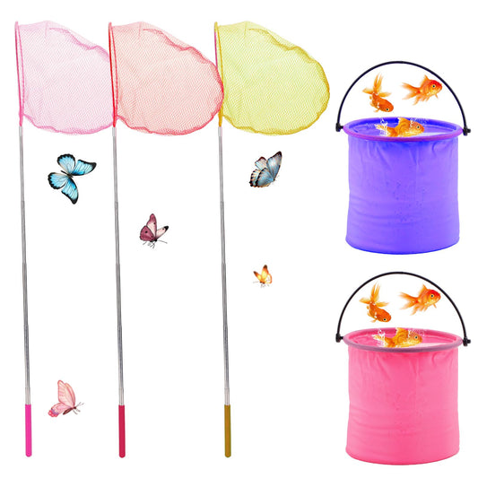 3PCS Kids Fishing Net with Bucket, Telescopic Fishing Net with Handle, Small Fishing Butterfly Net, Kids Fish Butterfly Catching for Catching Insects Fishing, Nature Exploration Toys