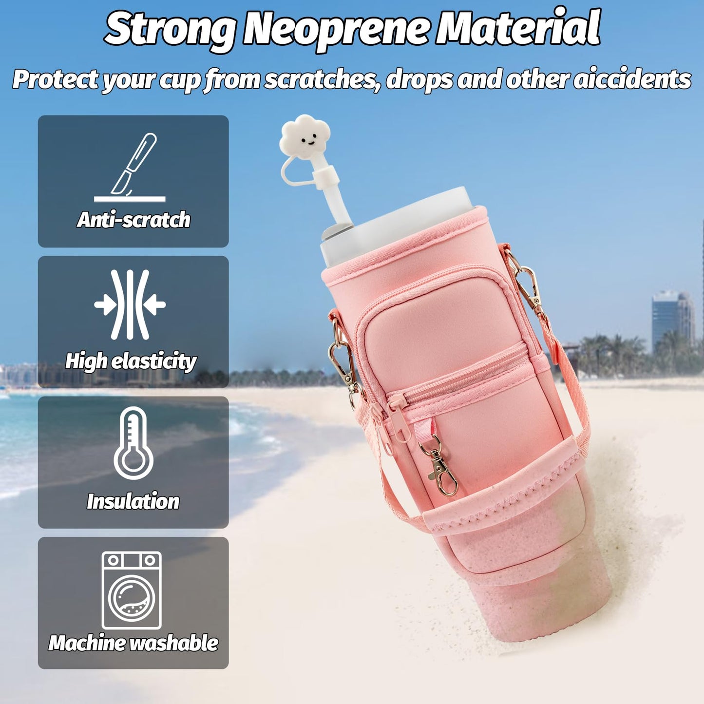 7 PCS Water Bottle Carrier Bag with Phone Pocket for Stanley Cup 40oz Accessories with 2 Straw Covers 2 Straws 2 Brushes Neoprene Water Bottle Holder Pouch with Adjustable Shoulder & Hand Straps