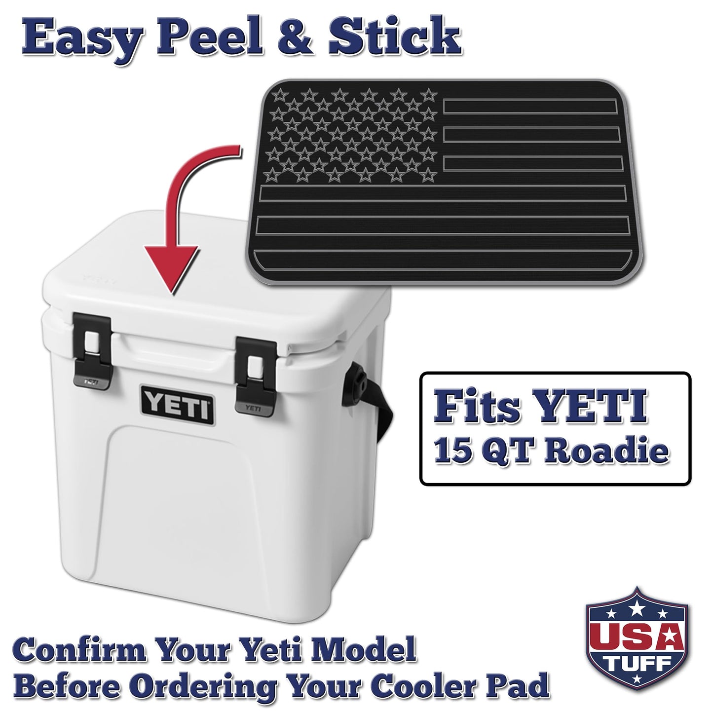 USATuff SeaDek EVA Mat Cooler Pad fits YETI 15 Roadie New | Peel & Stick Application | Non Slip Comfort Accessories - US Flag Design (Black-StormGray)