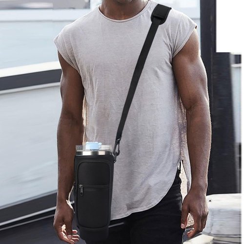 PETSTAY Water Bottle Carrier Bag with Phone Pocket for Stanley Quencher H2.0 & Adventure 40oz Tumbler, Adjustable Shoulder Hand Strap, Accessories for Walking Hiking Travelling Camping (Cow)