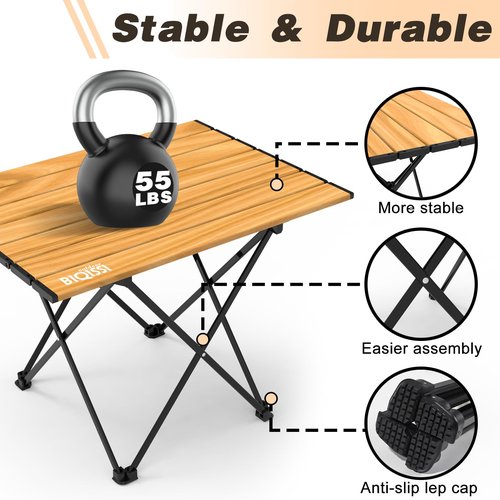 Biqissi Portable Camping Table, Compact Camping Side Table with Carrying Bag, Ultralight Aluminum Beach Table Folding for Hiking, Camping, Picnicking, BBQ, Outdoor Cooking (Wood Medium 22")