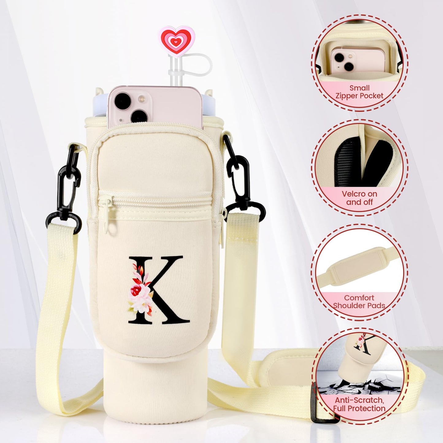 GOEWY Water Bottle Carrier Bag for Stanley 30 oz Tumbler with Handle Neoprene Water Bottle Holder Pouch Stanley Cup Accessories Gift Set with 1 Straw Cover & 1 Letter Charm B