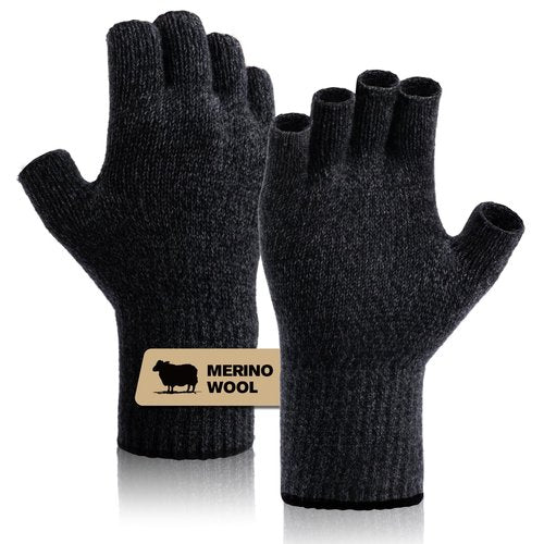 SONORAN Merino Wool Fingerless Gloves for Men & Women, Half Finger Gloves Base Layer Warm with Thermal Soft Knit Liner Glove for Hunting Fishing Hiking S/M (Black Gray)