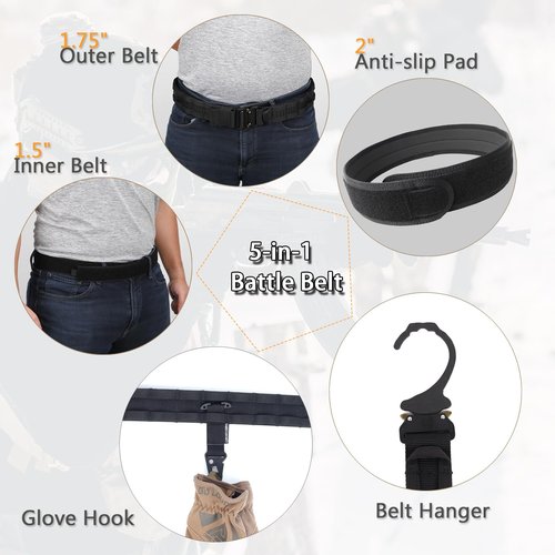 Gwild Concepts Tactical Battle Belt, Quick Release Rigger Belt 1.75'' MOLLE Belt 5-in-1 Heavy Duty Belt with Belt Hanger & Gloves Hook, Black, L(36-41inch)