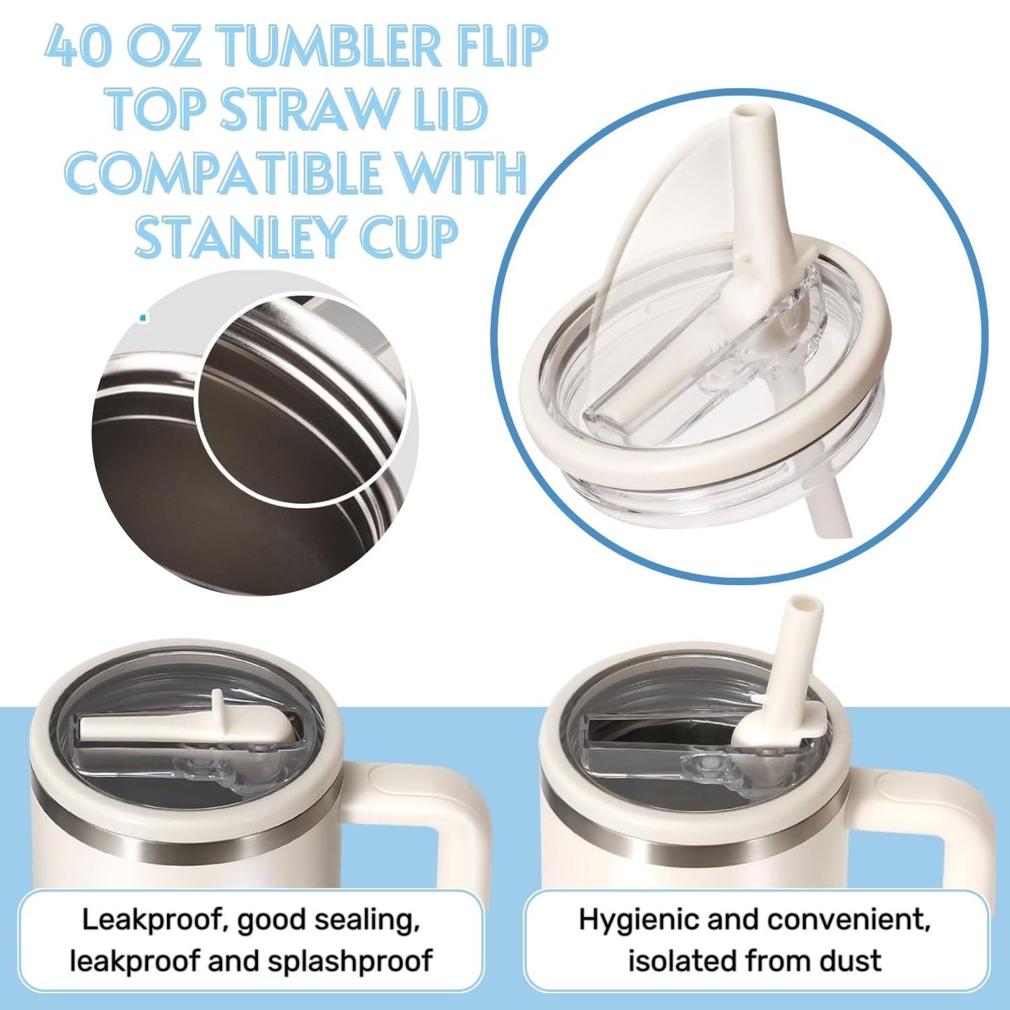 40oz Flip Straw Leak Proof Lid for Stanley H2.0 Quencher,4 Pack Tumbler Lid Replacement 40 oz for Stanley Cup Accessories ProTour,No Spill Proof Straw Cover for Stanley Accessories(Light Blue)