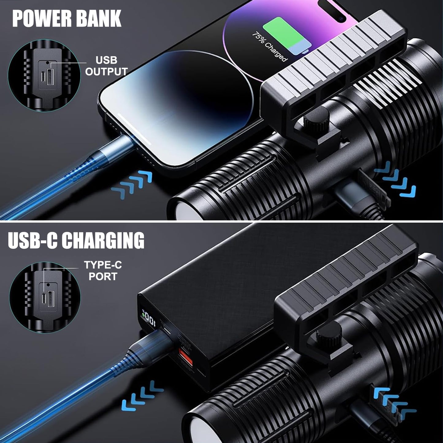 Flashlights High Lumens, Rechargeable Flashlights with Cob Taillight, 2500 Lumens Super Bright Flashlight, Flash Light with 11 Modes for Camping Emergencies Outdoors