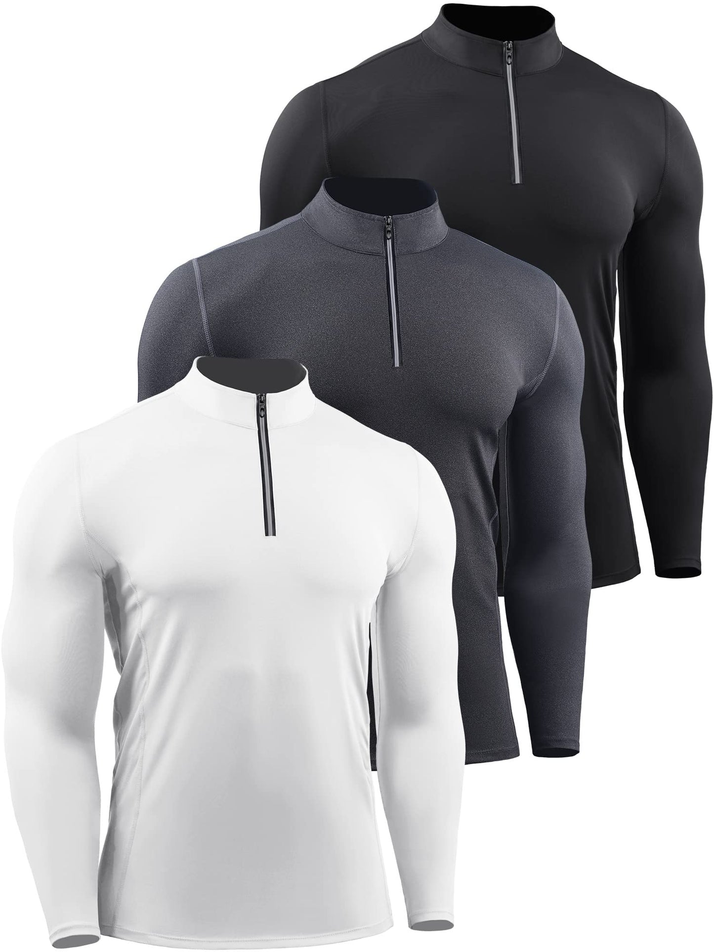NELEUS Men's Compression Shirts 1/4 Zip Pullover Long Sleeved Running Shirts 3 Pack,5086,Black/Grey/White,L