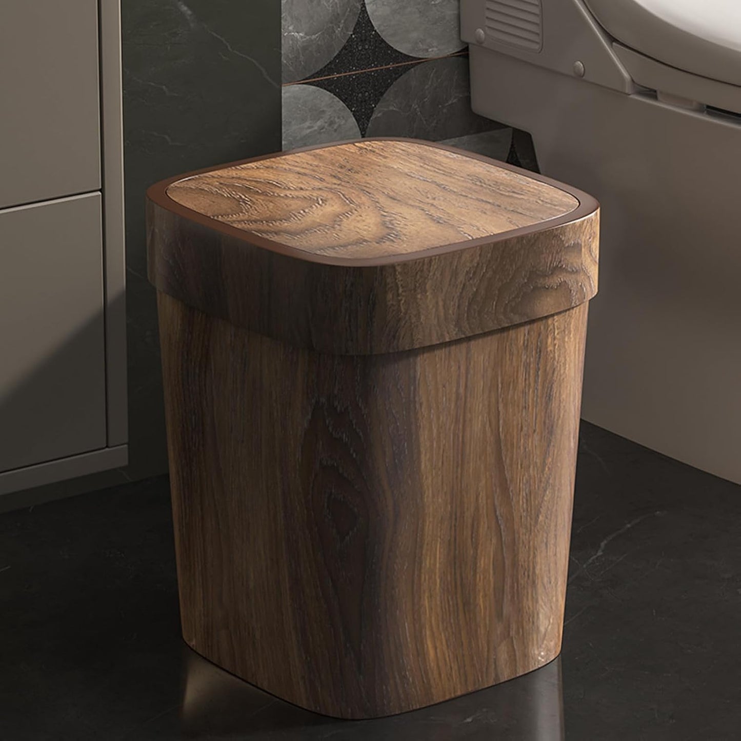 Wood Trash Can - Rectangle Toilet Garbage Bin | Wood Bathroom Accessories, 12L Odor-Proof Trash Can with Swing Lid for Kitchen Laundry Room Under Sink Storage Farmhouse Apartment Living