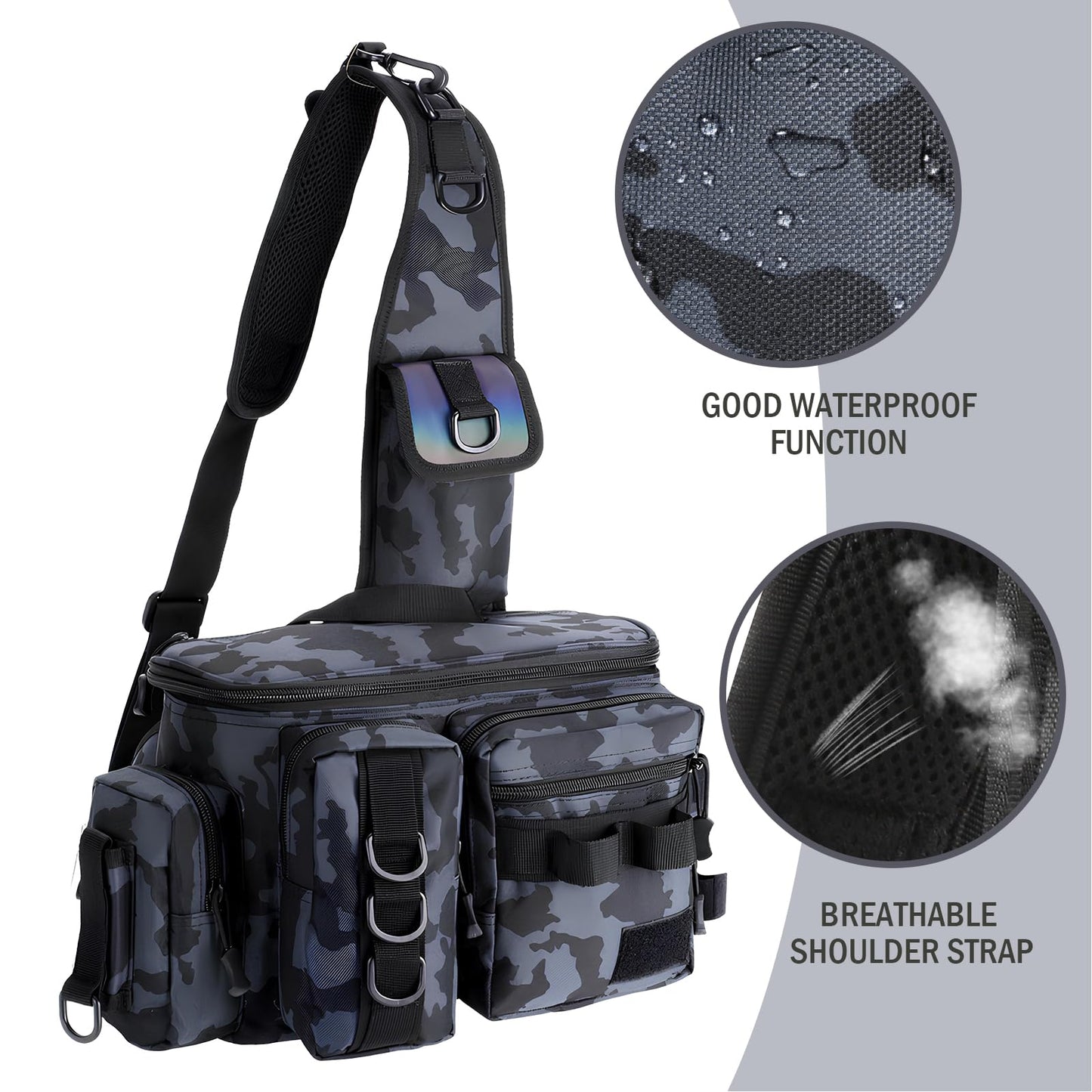 Fishing Bag, Fishing Tackle Storage Bag Chest Pack Rod Holder Shoulder Pack & Waist Bag Organizer with Belt & Shoulder Strap, Colorful Reflective Stripes for Hiking Fishing Camping (Black Camouflage)