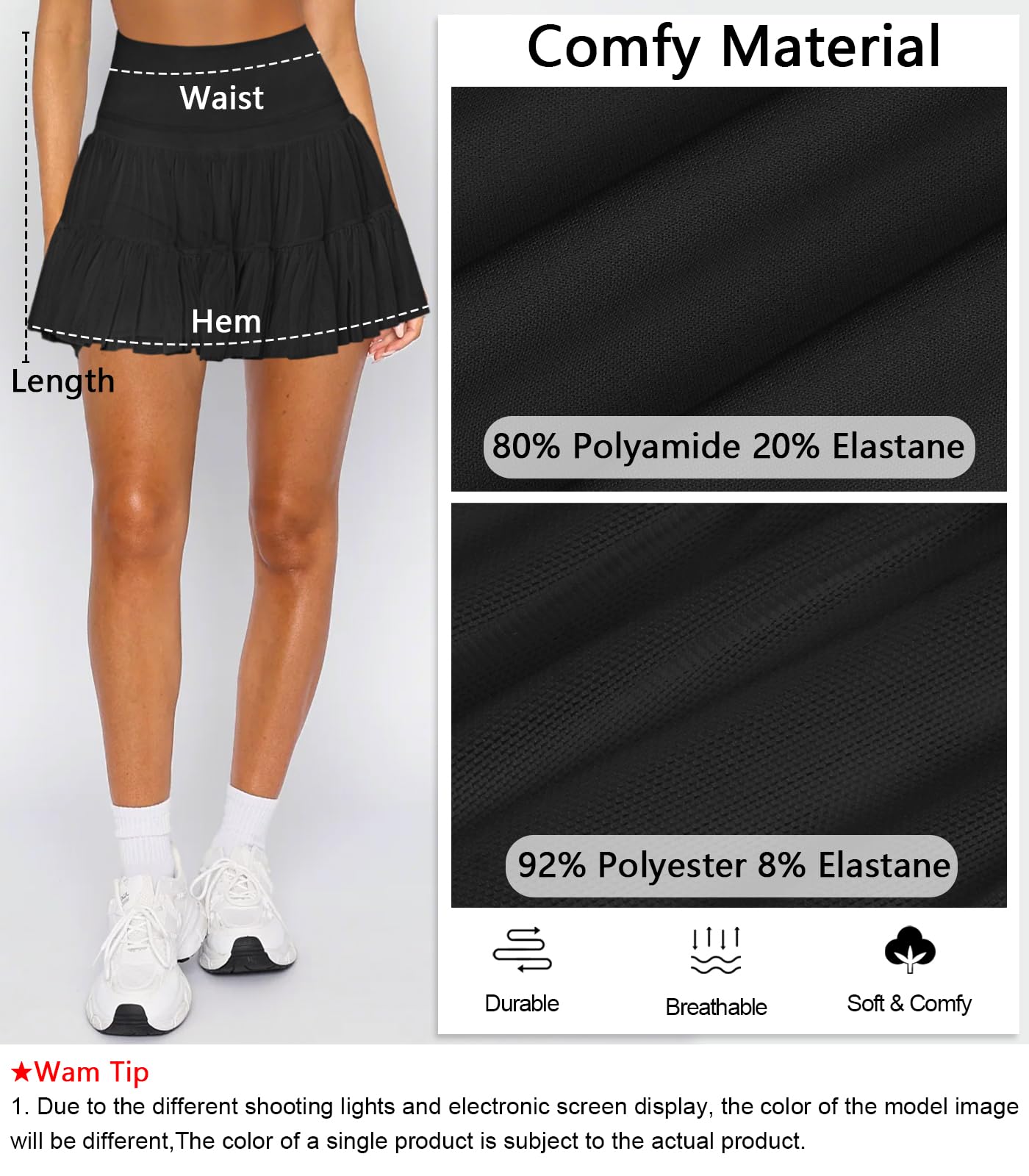 Hragc Women's Mini Black Skirt Skort Flowy Pleated High Waisted Ruffle Medium Tennis Skirts for Women Athletic Skater Golf with Shorts Pockets