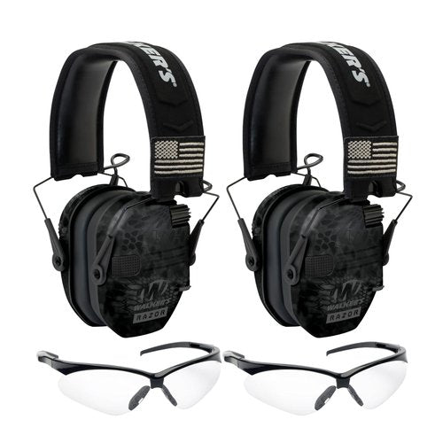 Walkers Razor Patriot Series Hi-Gain Omnidirectional Microphone Adjustable Range Shooting Hunting Hearing Protection Electronic Earmuffs (Kryptek Camo) Bundle with Protective Glasses (2-Pack)