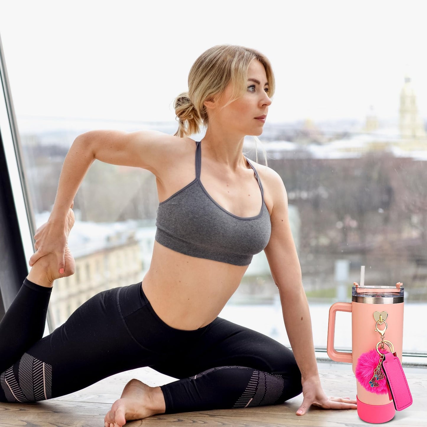 FOWSRHRG 9PCS Cup Accessories Set for Stanley Cup 30oz 40oz, Including Tumbler Name Plate, Water Bottle Handle Strap, Siliocne Cup Boot, Chapstick Holder, Straw Cover and Keychain Charms