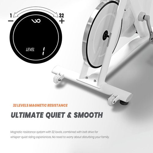 WONDER CORE Indoor Cycling Exercise Bike, WONDERCISE Bike - 13.2LB Flywheel, 32-Level Resistance, Silent Belt Drive, Bluetooth Connectivity, Tablet Holder, Adjustable Seat/Handlebars (White)
