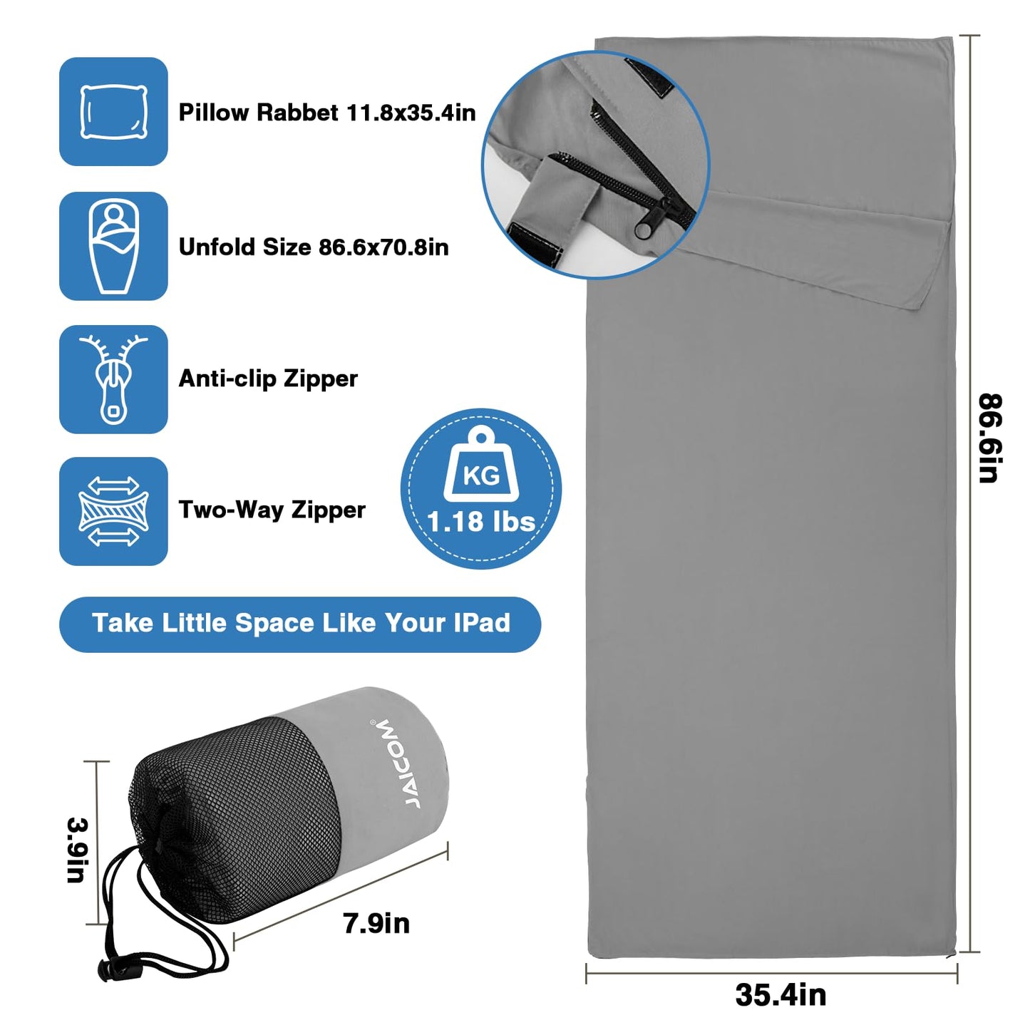 JAICOM Sleeping Bag Liner, Sleep Sack Travel Sheets, Two-Way-Zipper Expose Feet Separately, Lightweight for Single, Backpacking,Hotels & Hostels, Camping, Travel, Business