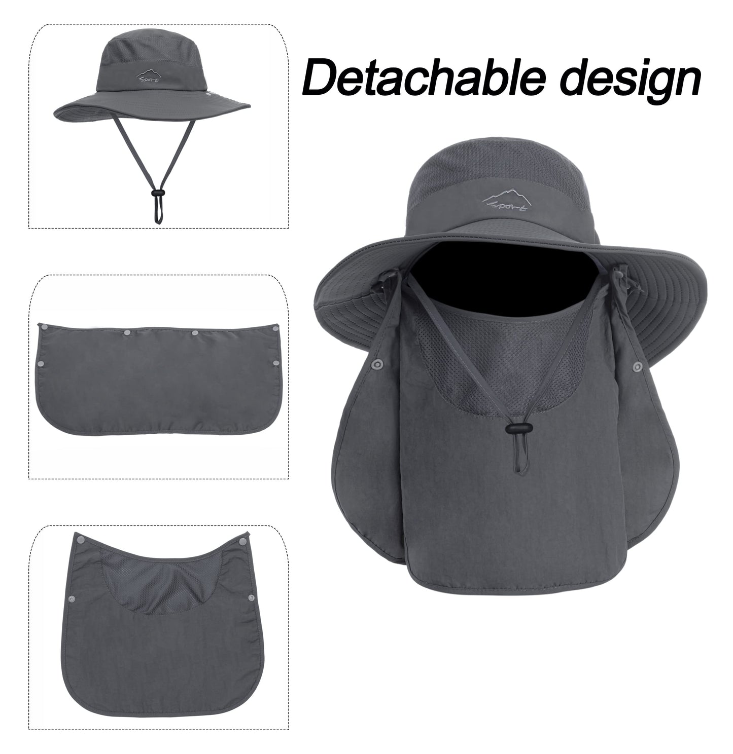 Mens Sun Hat with Neck Flap Quick Dry UV Protection Caps Wide Brim Fishing Hat Summer Beach Hat Outdoor Hiking Hat UPF 50+ Dark Gray
