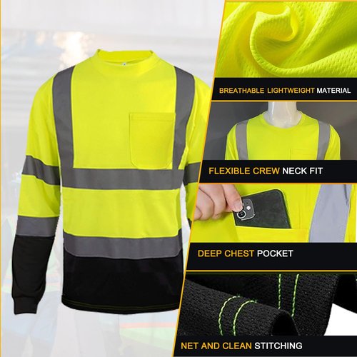 CAMNWAMN Apparel High Visibility Shirts, Long Sleeve Hi Vis Reflective Safety Shirts with Pocket for Men (Medium, Yellow+Black 4 Pack)