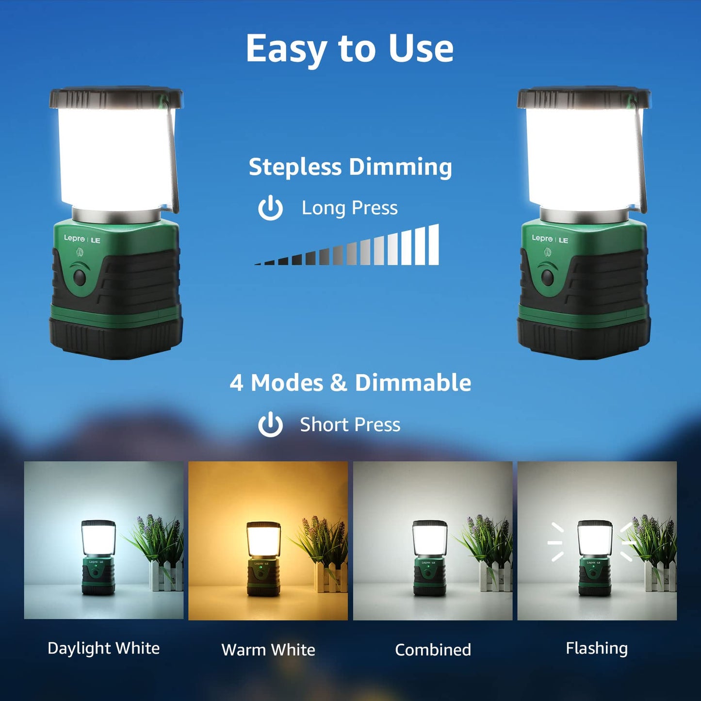LE Bundle - 2 Items: 1000LM LED Camping Lantern Rechargeable, 4400mAh Power Bank & LED Rechargeable Camping Lantern, 7 White & RGB Light Modes, 2 Packs