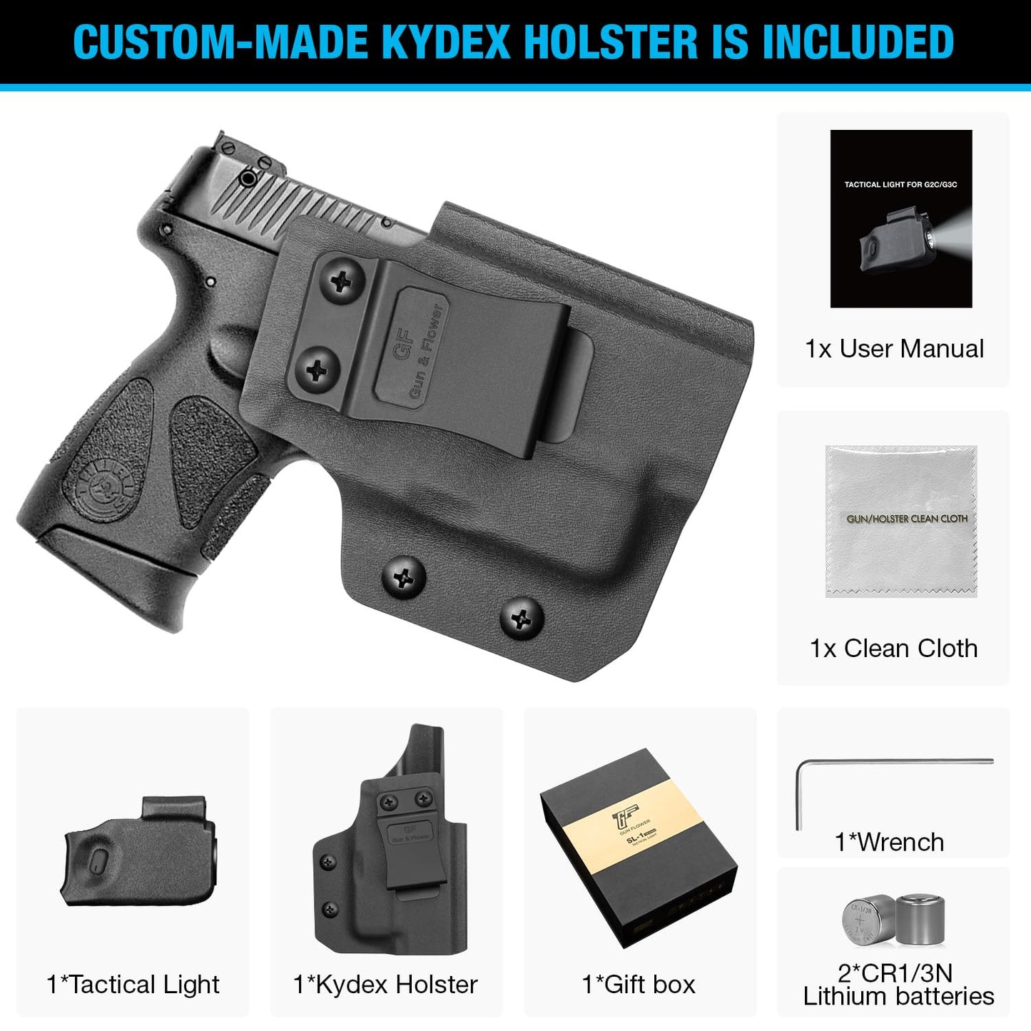 Taurus G2C Light, Taurus G3C Light, Pistol Light Fits G2C Taurus Light, G3C Taurus Light, 150 Lumens PT111 Light PT140 Light with Kydex Holster Included, Black