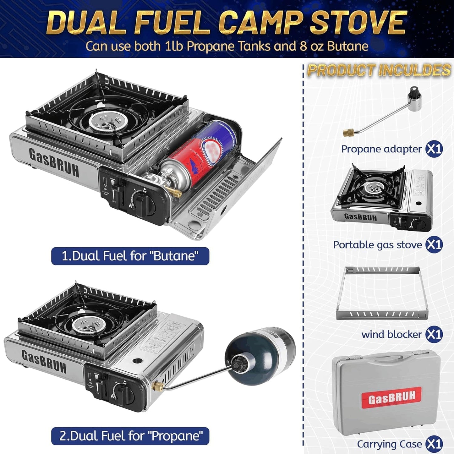 Propane or Butane Stove with Windblocker,Dual Fuel 10000BTU Stainless Steel Portable Camping Stove with CarryCase,Gas Stove for Camping,Tailgating,Outdoor Cooking,Emergency(Fuel not included)