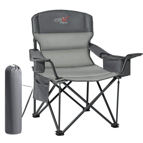RELAX FIELD Oversized Folding Camping Chair, Heavy Duty Support 500LBS Outdoor Chair with Cup Holder Storage and Cooler Pouch, Collapsible Padded Arm Chair for Sports Garden Beach Fishing, Grey