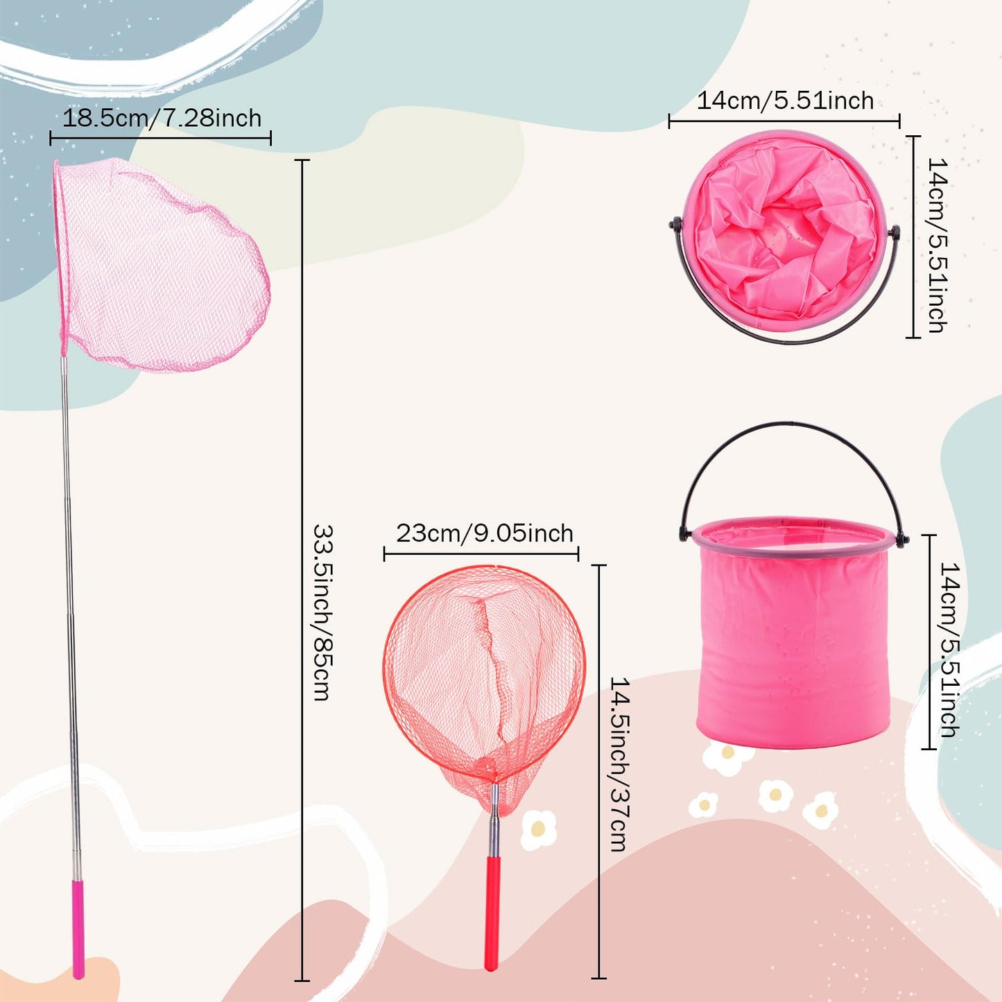 3PCS Kids Fishing Net with Bucket, Telescopic Fishing Net with Handle, Small Fishing Butterfly Net, Kids Fish Butterfly Catching for Catching Insects Fishing, Nature Exploration Toys