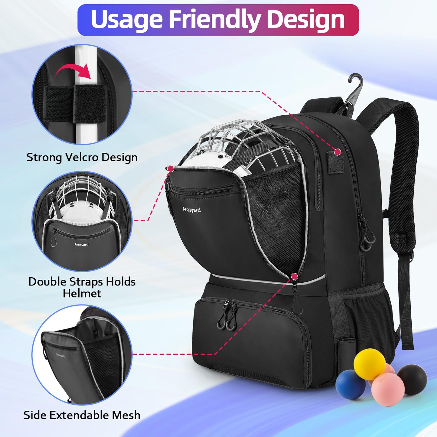 Arcoyard Extra Large Lacrosse Backpack with 2 Stick Holders, Professional Lacrosse Bag with Ventilated Cleats Compartment and Insulated Pocket, for All Lacrosse or Field Hockey Gear, Black