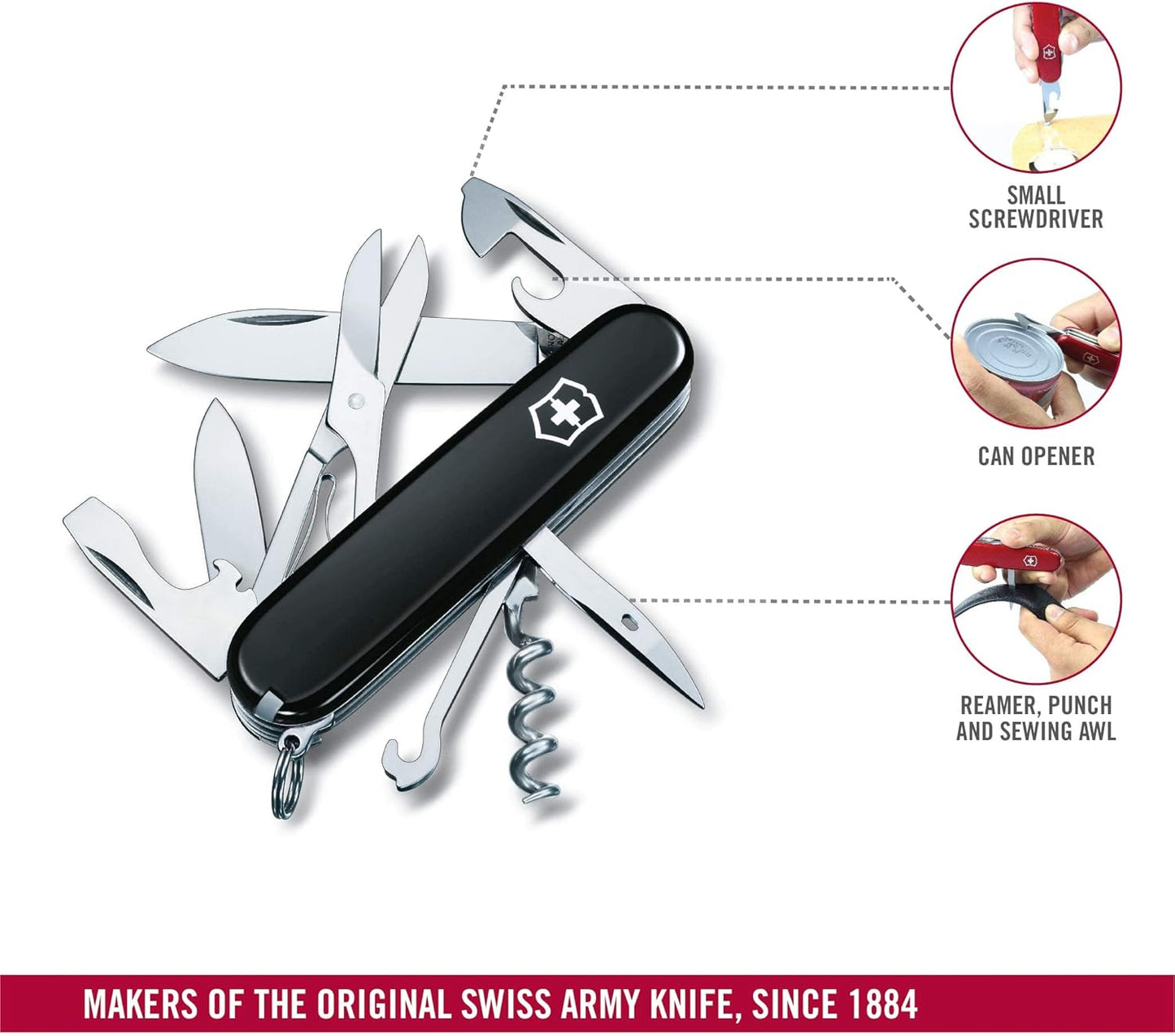Victorinox Climber Swiss Army Knife, 14 Function Swiss Made Pocket Knife with 2 Blades, Corkscrew and Screwdriver - Black