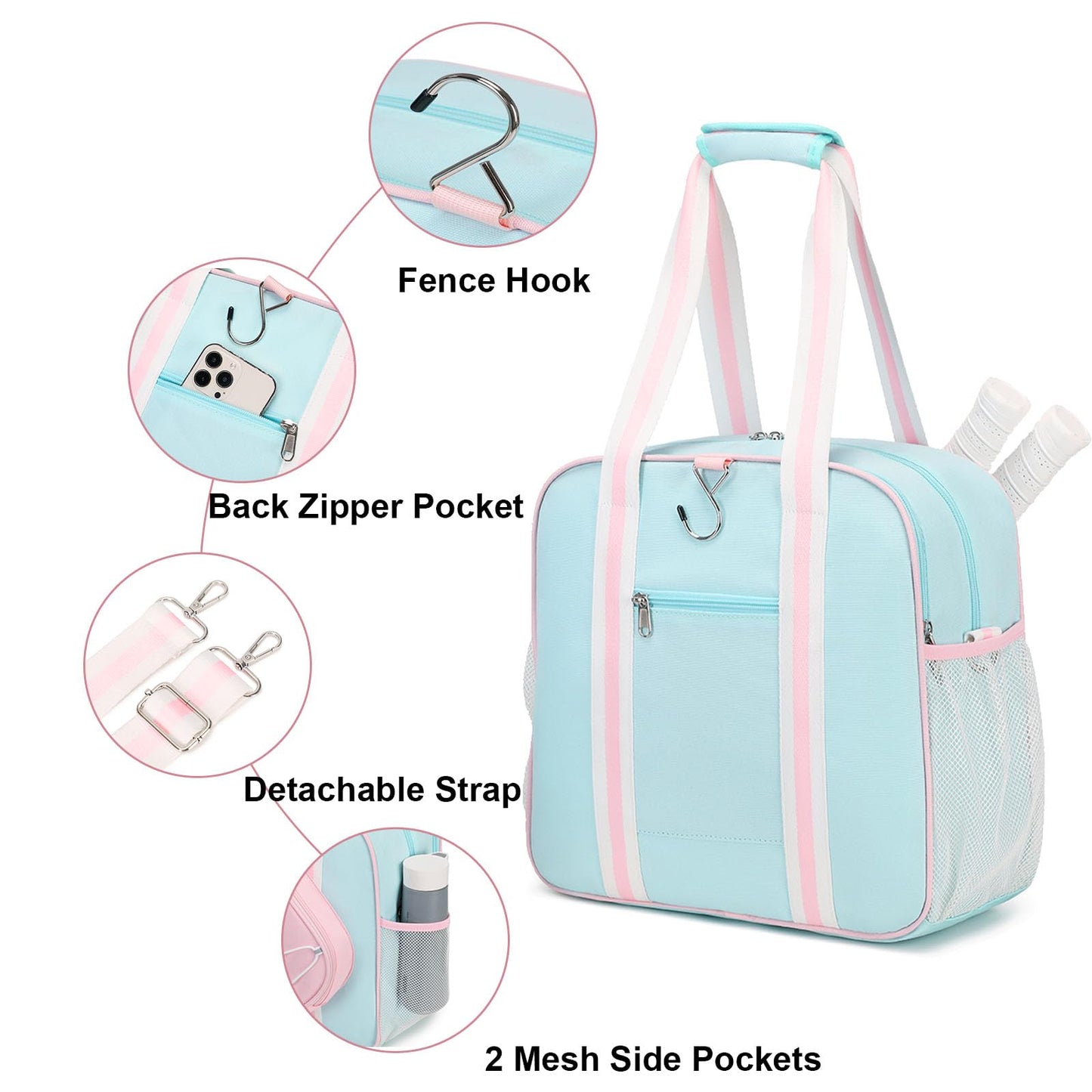 ACESAK Pink Large Pickleball Bag for Women Men Teens with 2 In 1 Insulated Pocket & Fence Hook