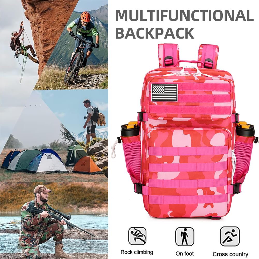HongXingHai 45L Military Tactical Backpacks 3 Days Assault Pack Bag Fitness Rucksack Bug Out Bag Hiking Treeking (Rose Red CP)