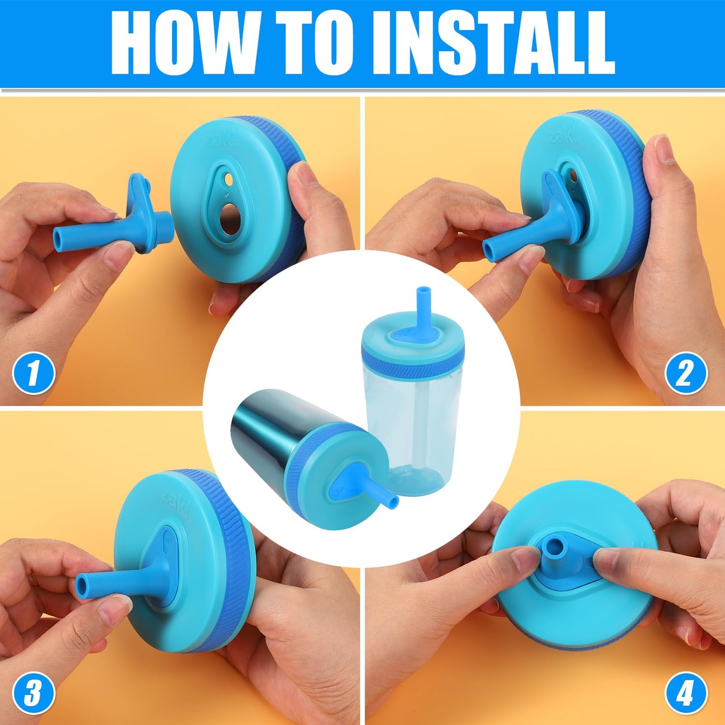 4pcs Replacement Straws with Bite Valve for Zak Designs Kelso 15 oz, with 1 Cleaning Brush Reusable Kids Cup Replacement Straws Accessory for Zak, BPA-Free (Blue)