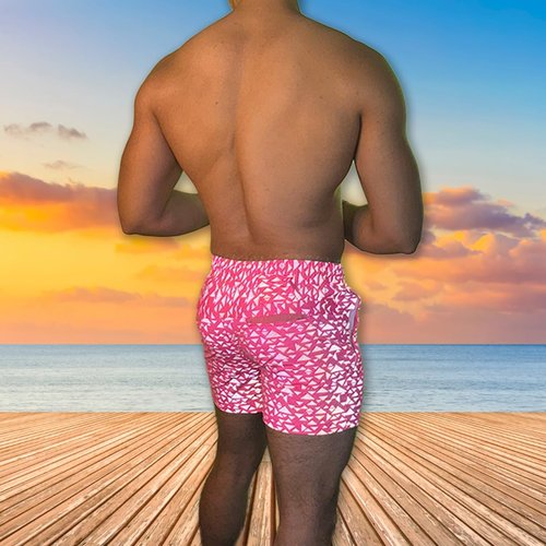 Mens Party Booty 4in Inseam Shorts, Zippered Pockets, Rave & Festival Shorts LGBTQ, Gay Weekender - UV Pink Neon Reflective Triangles, XL