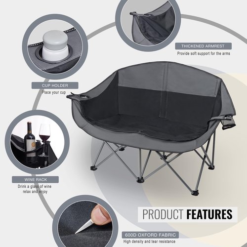 WILDROOTS Outdoor Folding Double Camping Chair Adults 2 Person,Heavy Duty 600 LBS Loveseat with 2 Cup Holder,Portable Carry Bag Included for Camping,Lawn,Backyard,Movie