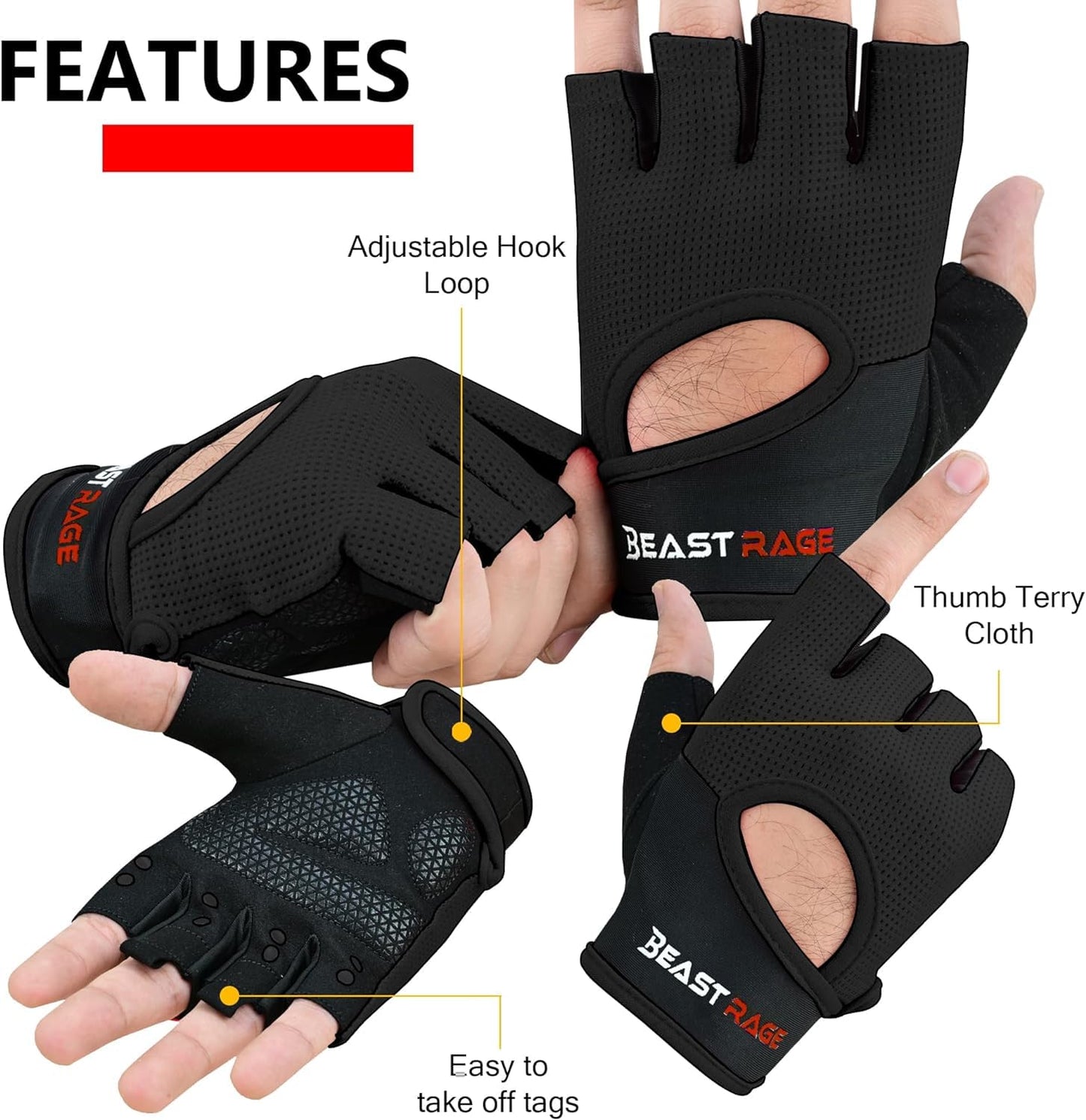 BEAST RAGE Workout Gloves for Men Gym Gloves for Weightlifting Women Fingerless with Palm Protection Padding, Breathable and Lightweight Weight Lifting Glove Cycling Pull Up (Black, M)