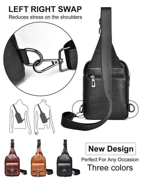 Men's Leather Crossbody Sling Bag - Anti-Theft Multi-pocket Shoulder Bag for Hiking Trave (Black)