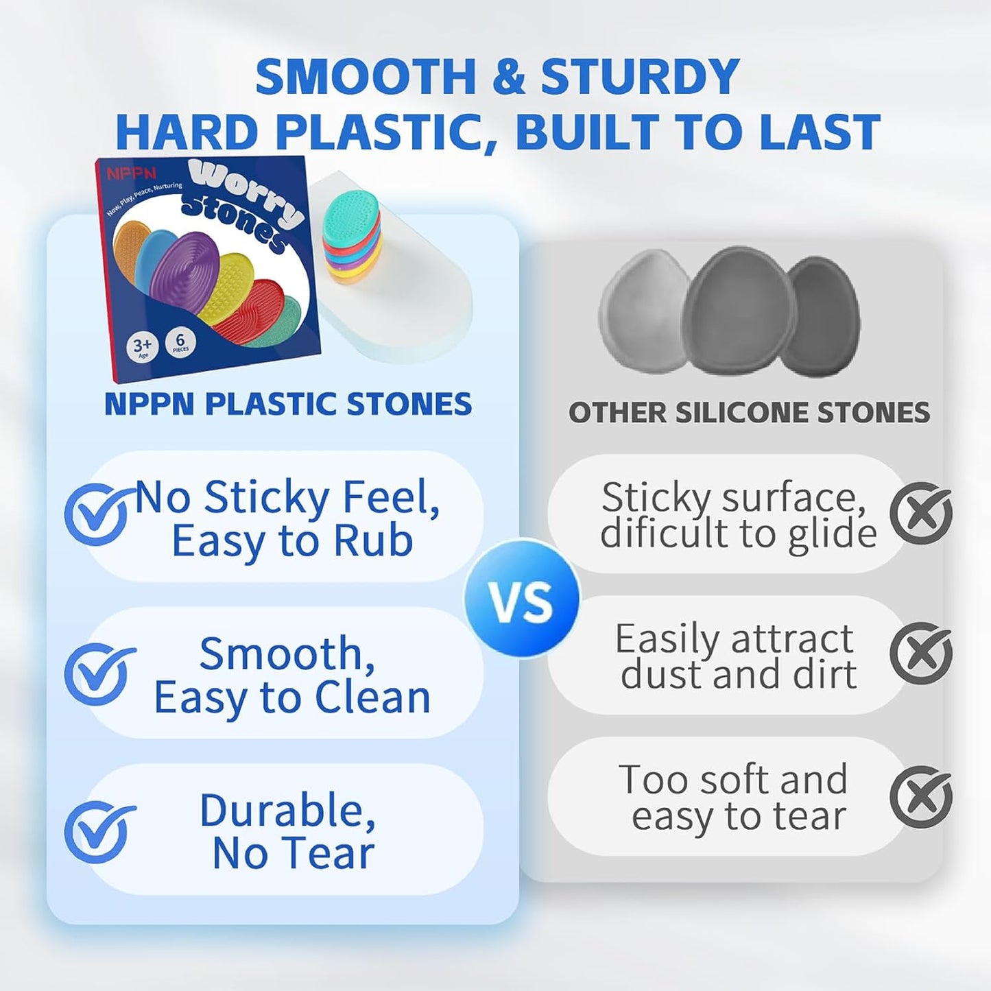 Sensory Stones 6 Pack - Hard Plastic Worry Stones for Adults & Autism Kids, 11 Textured Calming Toys for Anxiety Relief, Quiet Fidget Toys for Classroom & Office