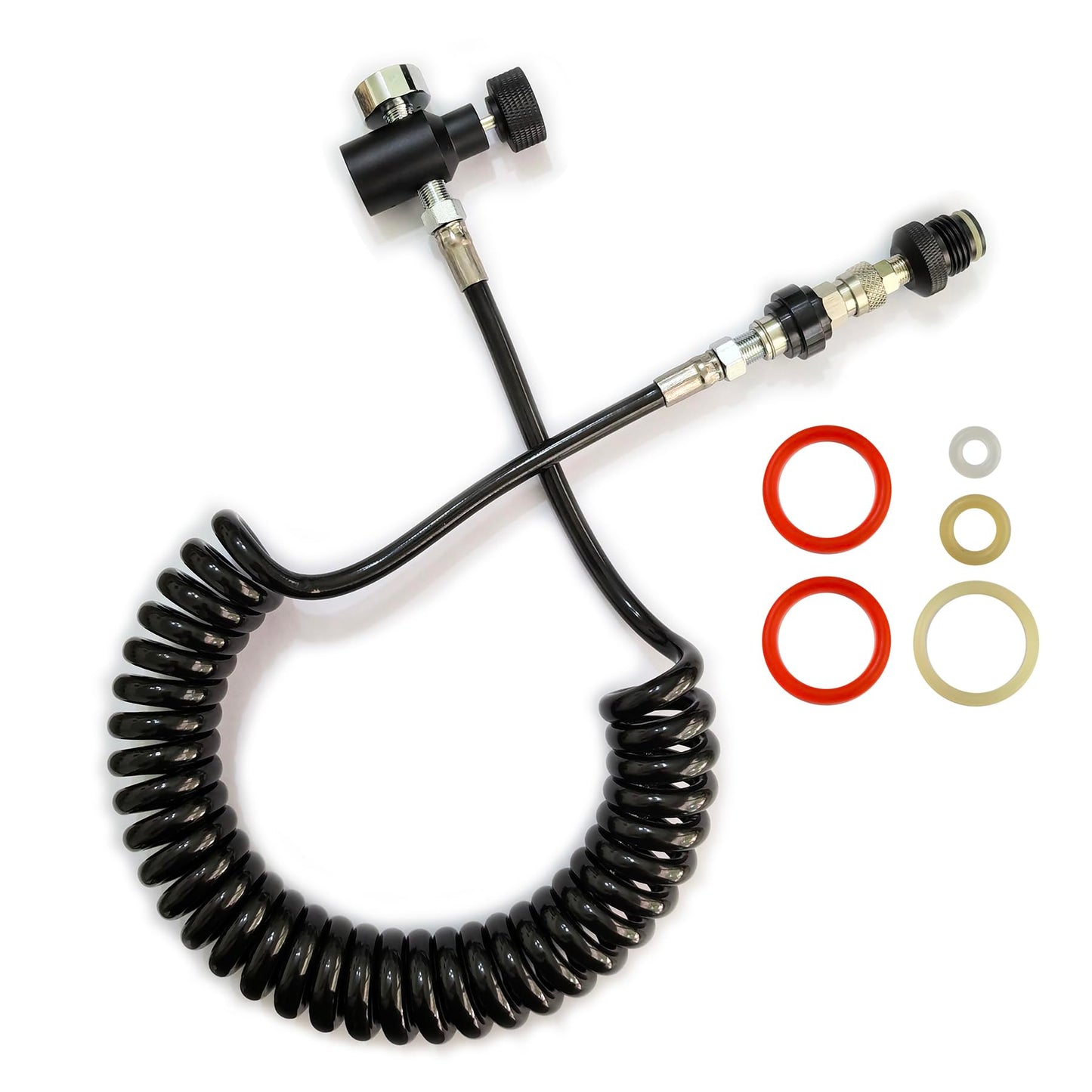 Aopkeo Paintball Gun Marker Remote Hose Coiled Line Stainless Steel Quick Disconnect 138inches with Slide Check 1500psi Gauge (Slide Check and Gauge)